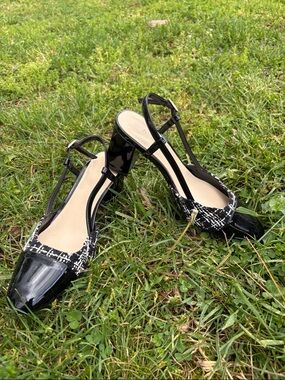Nine West Black Patent & Tweed T-Strap Block Heels